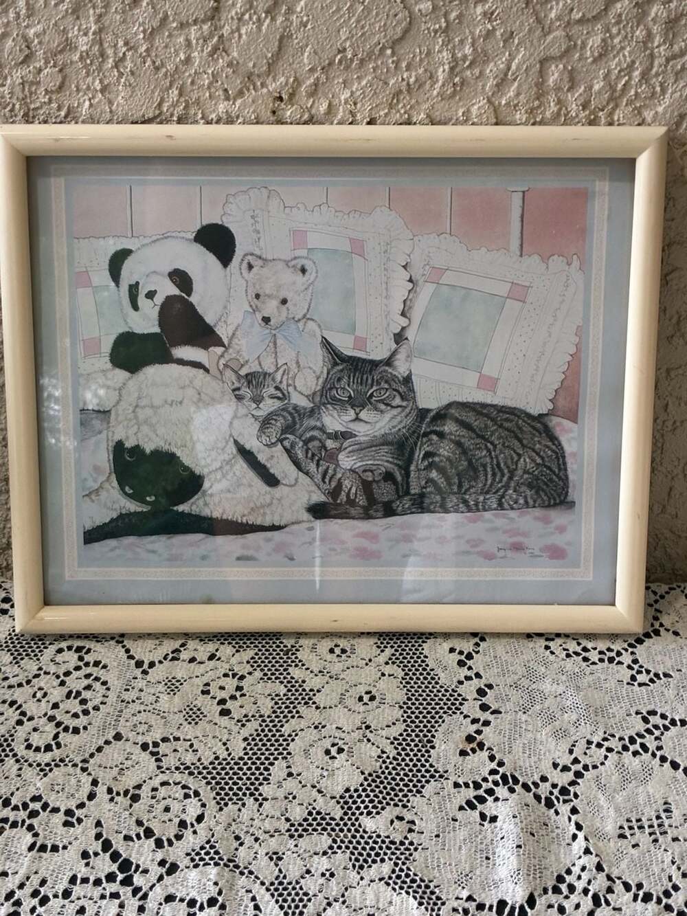 Vintage 1985 Jacquie Marie Vaux Framed Cat and Stuffed Animal Print